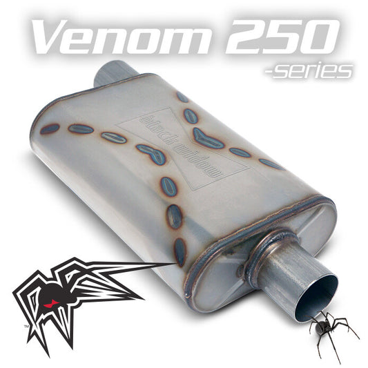 Black Widow Exhaust Venom 250 offset/center muffler. Manufacturer representative image; see selected variant for connection diameter.