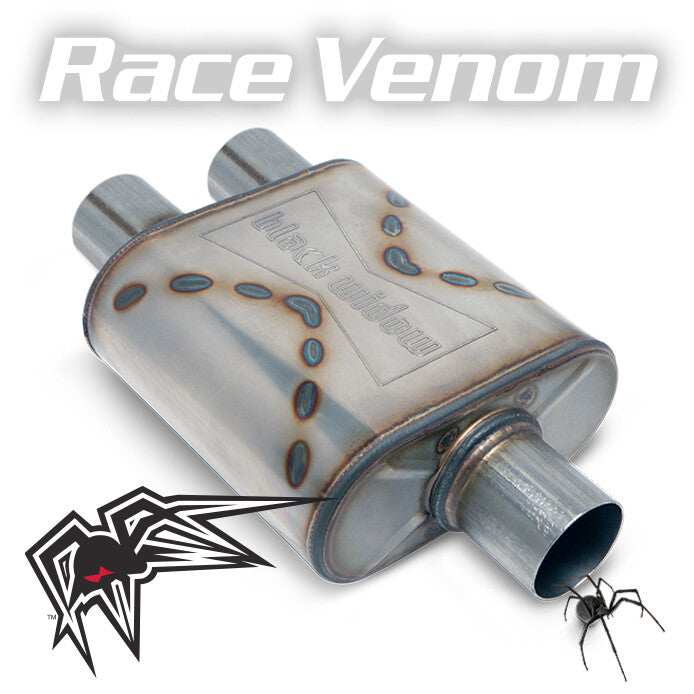 Black Widow Exhaust Race Venom single/dual muffler. Manufacturer representative image; see selected variant for connection diameter.