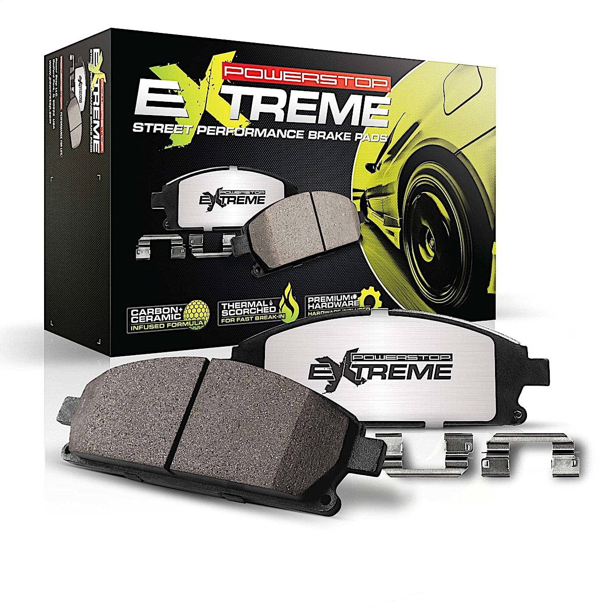 PowerStop Z26-2144 rear Z26 brake pad set with installation hardware and packaging