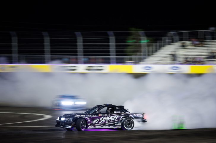 Braden Lons drifting his Nissan S13 at the 2026 Formula DRIFT PROSPEC finale at The Bullring in Las Vegas