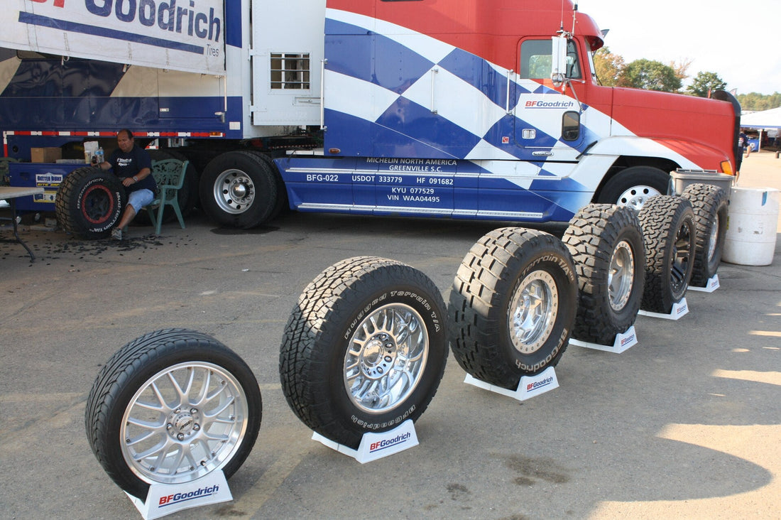 BFGoodrich off-road tires displayed at Crandon International Off-Road Raceway in 2012; representative off-road tire image, not a Method wheel or Race Club vehicle. Photo by Royalbroil / Wikimedia Commons, CC BY-SA 3.0.