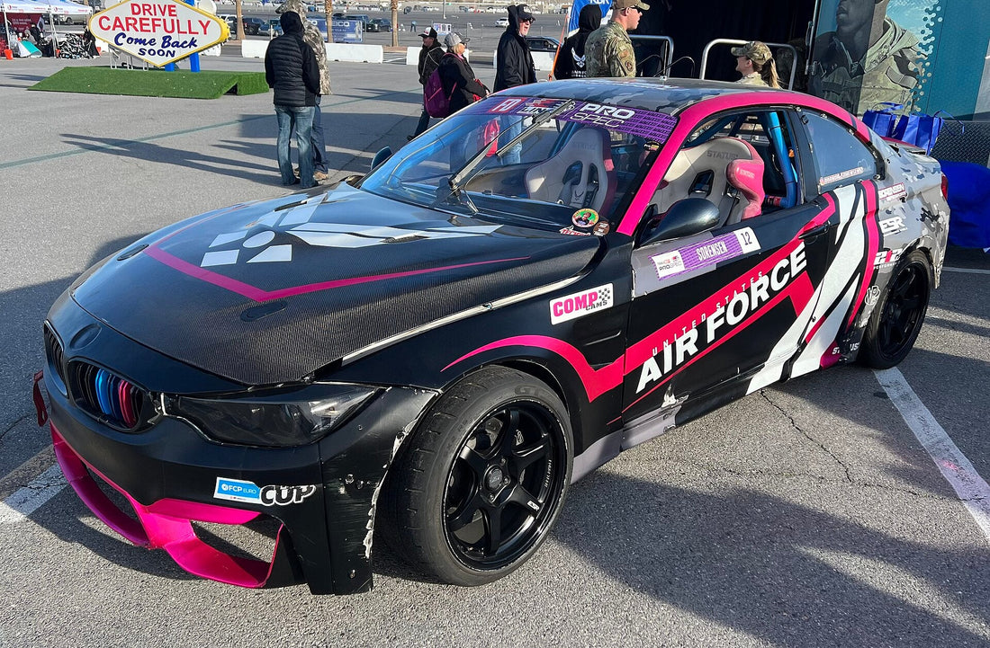 Amanda Sorenson's LS3 BMW M4 Formula Drift car on display at Las Vegas Motor Speedway in 2023; relevant Formula Drift car image. Photo by TaurusEmerald / Wikimedia Commons, CC BY-SA 4.0.
