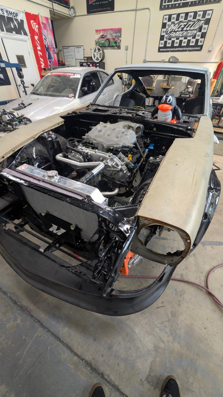 Fabricated aluminum cooling hardline on a VQ-powered Datsun 280Z race-car build