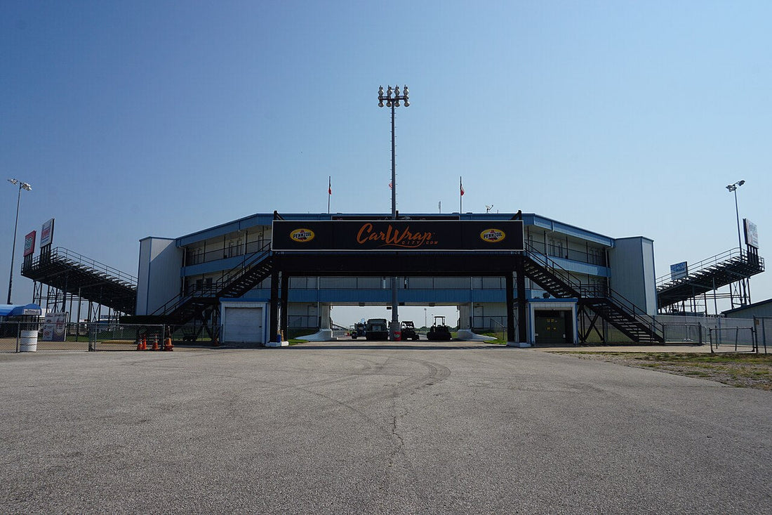 The starting-line building and grandstands at Texas Motorplex in Ennis, photographed in 2017.
