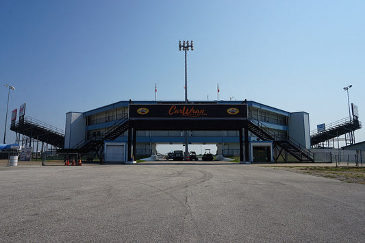 The starting-line building and grandstands at Texas Motorplex in Ennis, photographed in 2017.