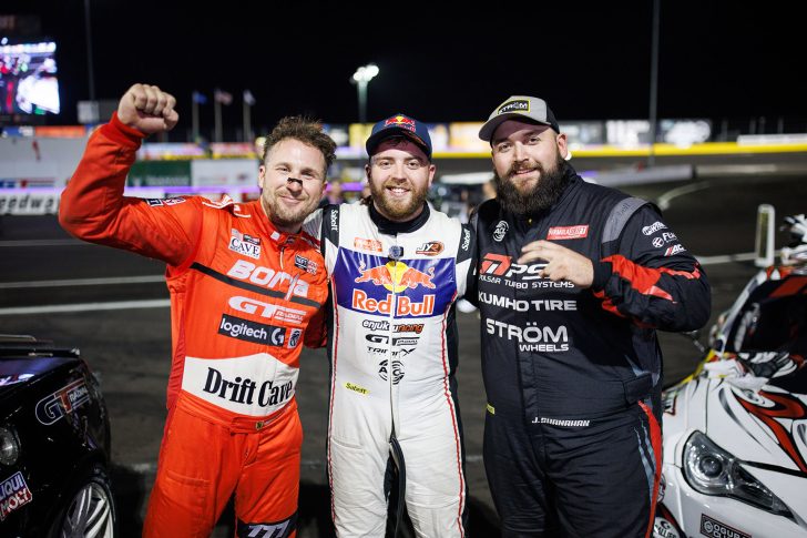 Matt Field, Conor Shanahan and Jack Shanahan on the Formula DRIFT PRO Round 7 podium in Las Vegas 2026
