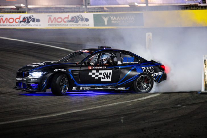 Branden Sorensen drifting at The Bullring during 2026 Formula DRIFT Las Vegas qualifying