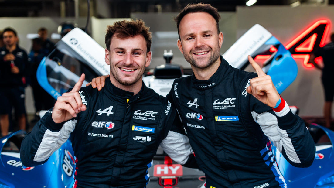 Victor Martins and Jules Gounon of Alpine celebrate the front-row grid result at the 2026 6 Hours of Fuji