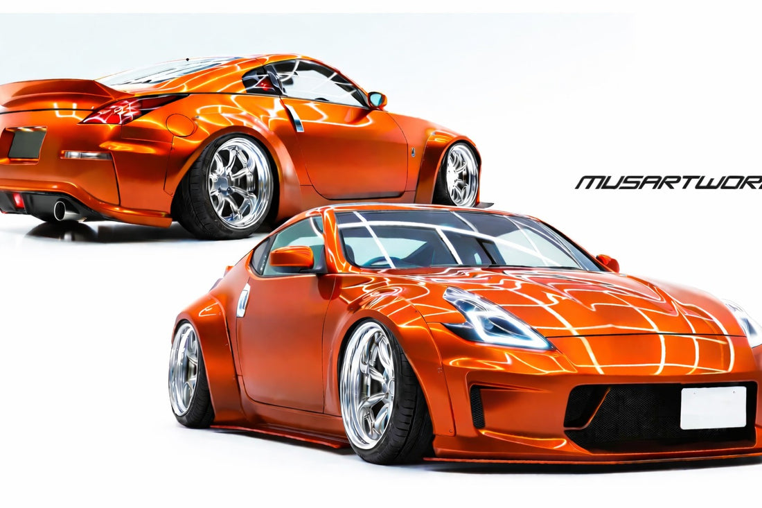 Musa Artwork orange Nissan 350Z widebody rendering for the Race Club build