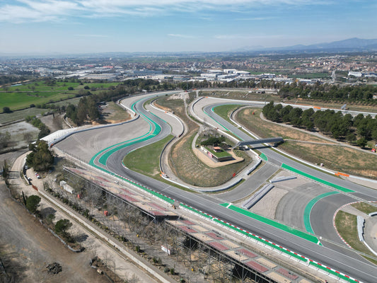 Aerial view of Turns 1–6 at Circuit de Barcelona-Catalunya, photographed in March 2023.