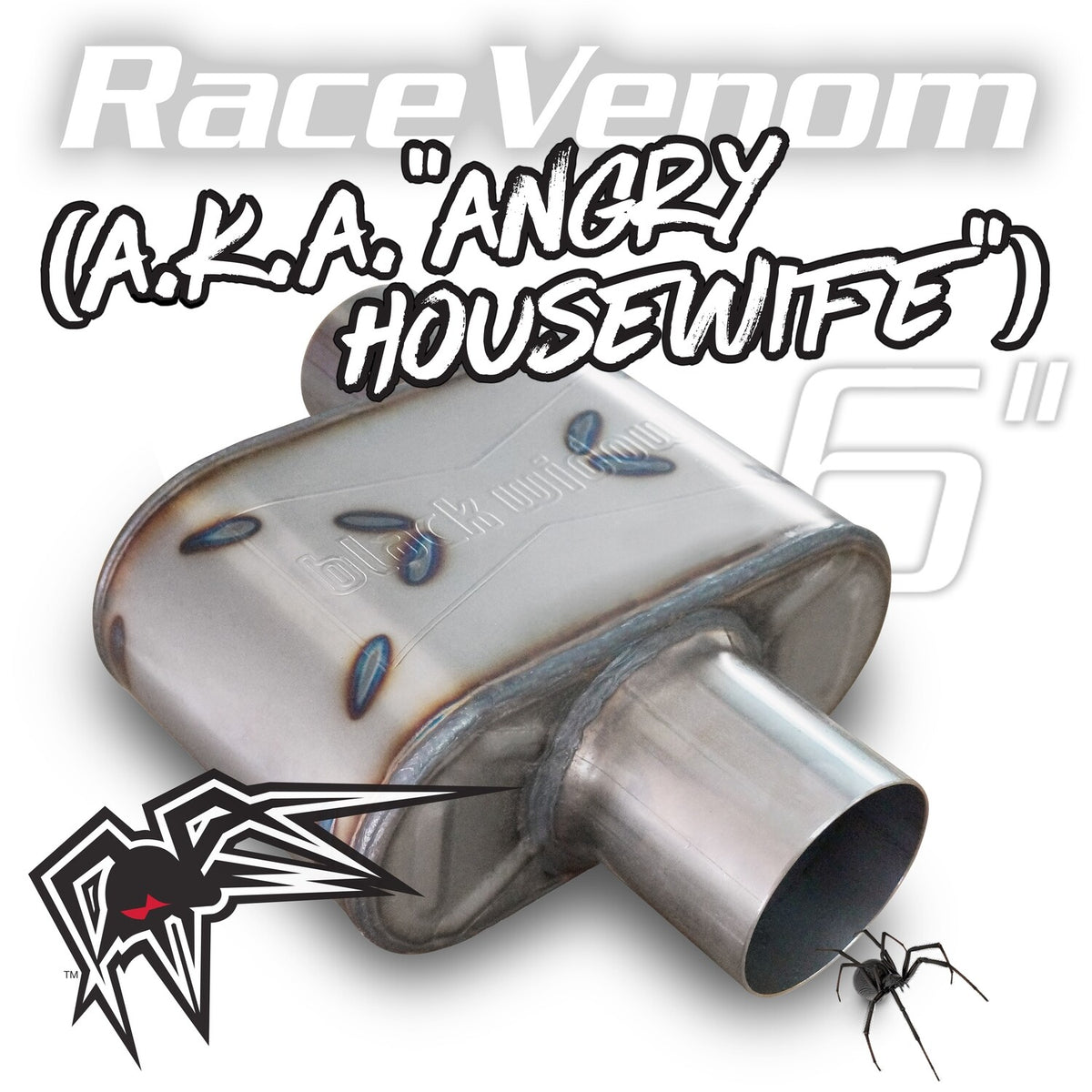 Black Widow Exhaust Angry Housewife offset/center muffler. Manufacturer representative image; see selected variant for connection diameter.