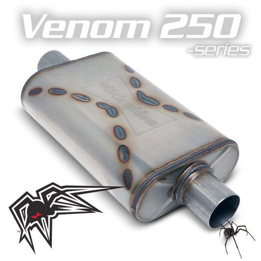 Black Widow Exhaust Venom 250 center/center muffler. Manufacturer representative image; see selected variant for connection diameter.