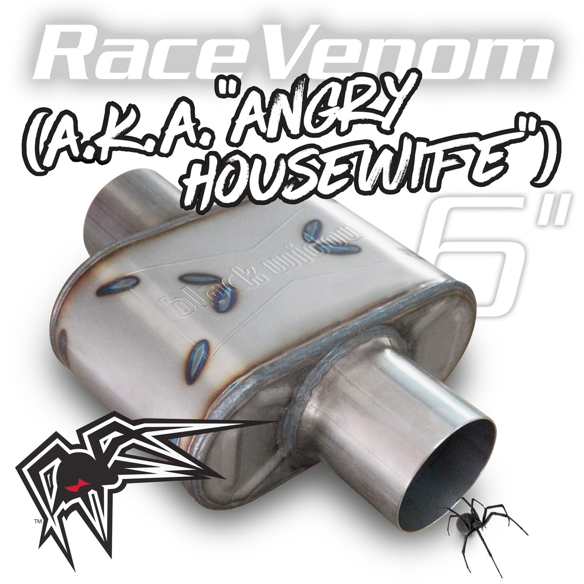 Black Widow Exhaust Angry Housewife center/center muffler. Manufacturer representative image; see selected variant for connection diameter.