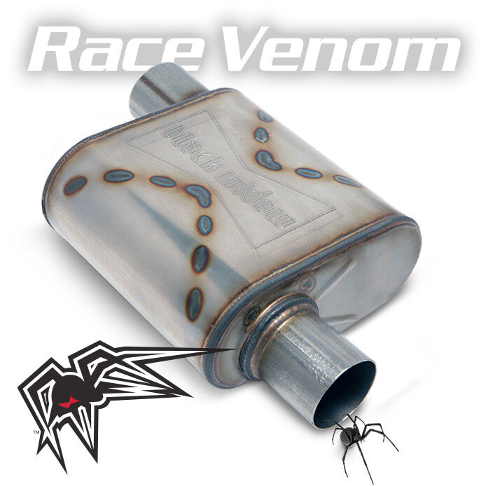 Black Widow Exhaust Race Venom offset/offset muffler. Manufacturer representative image; see selected variant for connection diameter.