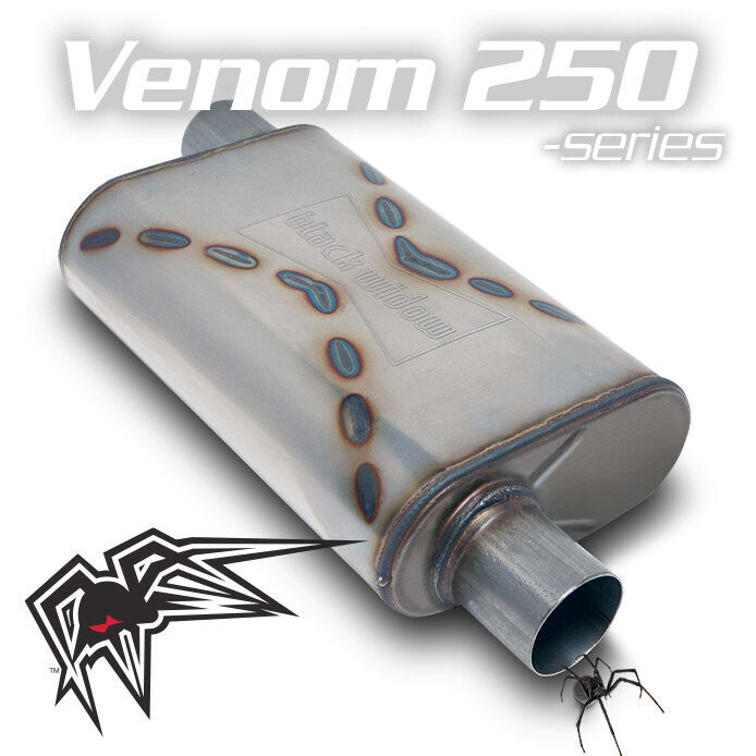 Black Widow Exhaust Venom 250 offset/offset muffler. Manufacturer representative image; see selected variant for connection diameter.