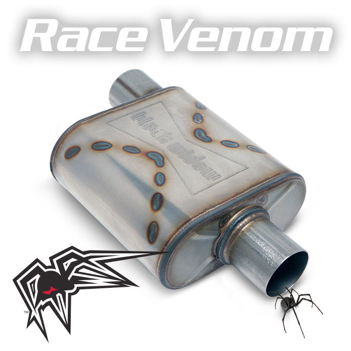 Black Widow Exhaust Race Venom offset/center muffler. Manufacturer representative image; see selected variant for connection diameter.