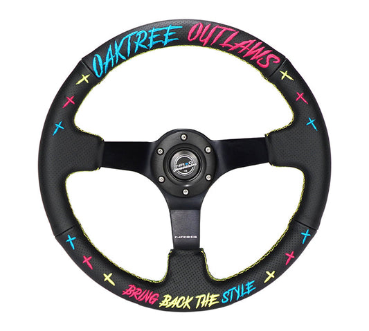NRG Reinforced Steering Wheel - Oak Tree Outlaws 3in Deep/5mm Blk Spoke 350mm Wheel - Blk Perf Lthr