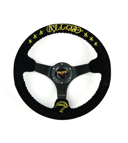 NRG Reinforced Black Perforated Leather Steering Wheel 350mm / 3in Deep w/ NVR Embroidery