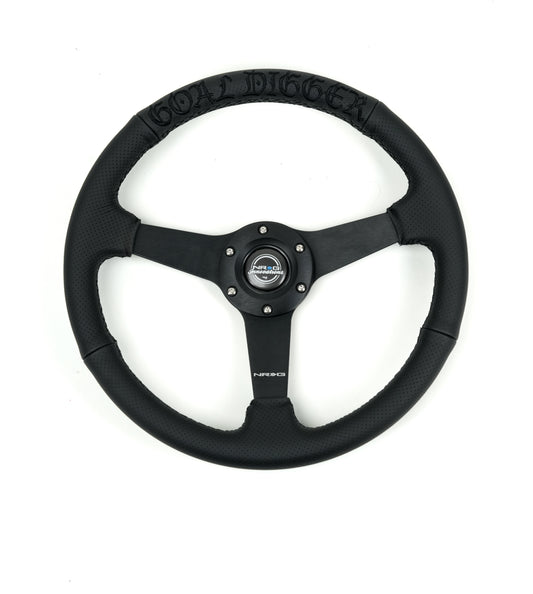 NRG Reinforced Black Perforated Leather Steering Wheel 350mm / 1.5in Deep w/ Goal Digger Blk Stitch