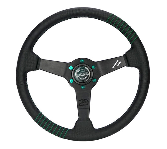 NRG Steering Wheel 1.5in Dish 350mm Black Perforated Leather - Emerald Stitching - Reinforced Spoke