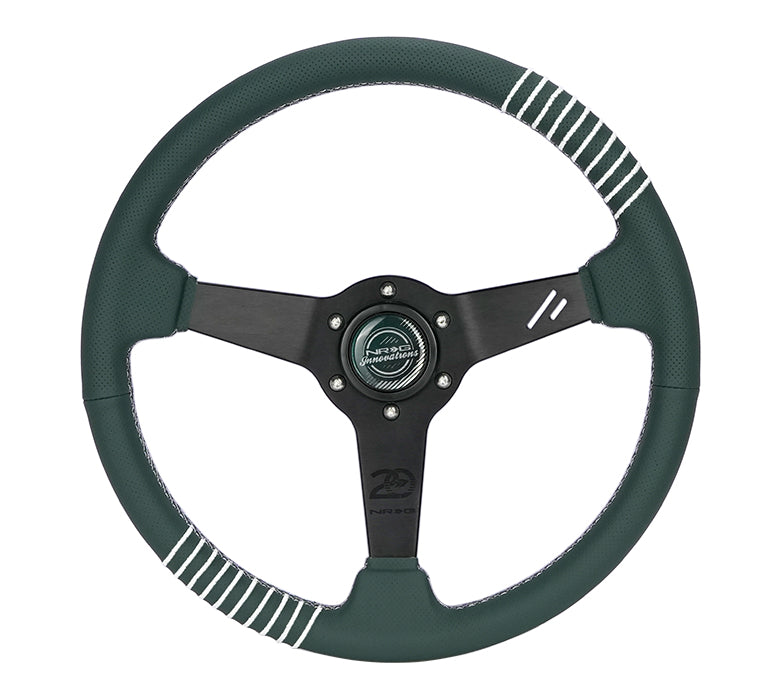 NRG Steering Wheel 1.5in Dish 350mm - Emerald Perforated Leather - Silver Stitching Reinforced Spoke