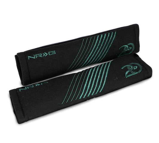 NRG Seat Belt Pads - 20 Year Anniversary - 11in. Length Black w/ Emerald Green Stitching - 2pc