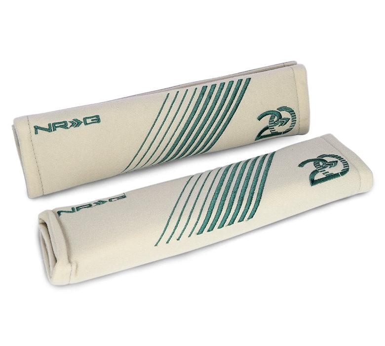 NRG Seat Belt Pads - 20 Year Anniversary - 11in. Length Silver w/ Emerald Green Stitching - 2pc