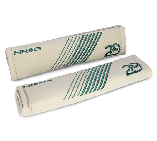 NRG Seat Belt Pads - 20 Year Anniversary - 11in. Length Silver w/ Emerald Green Stitching - 2pc