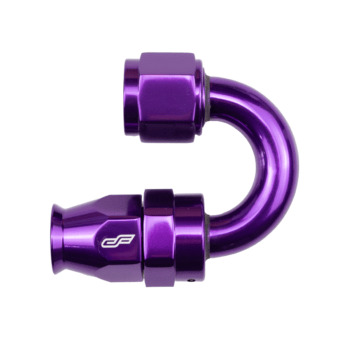 ColorFittings purple PTFE 180 degree hose-end family. Manufacturer representative photo; AN size varies.