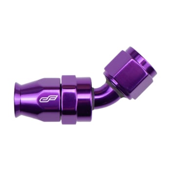 ColorFittings purple PTFE 45 degree hose-end family. Manufacturer representative photo; AN size varies.