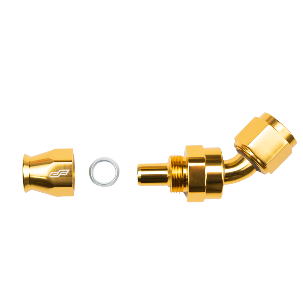 gold ptfe 45 degree swivel hose end