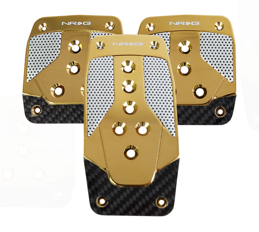 NRG PDL-400CG aluminum manual-transmission sport pedal set in chrome gold with black carbon-fiber-look inserts