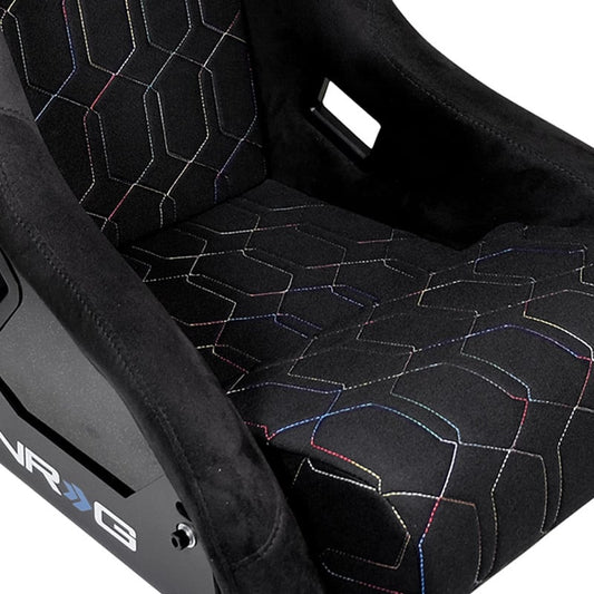 NRG SC-300-GS01MC three-piece black FRP bucket seat cushion set with multicolor geometric stitching