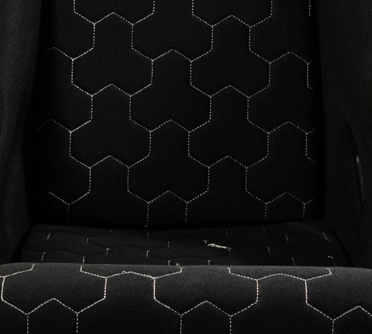 NRG SC-300-GS02BK black three-piece FRP bucket seat cushion set with white-stitched hex geometric pattern