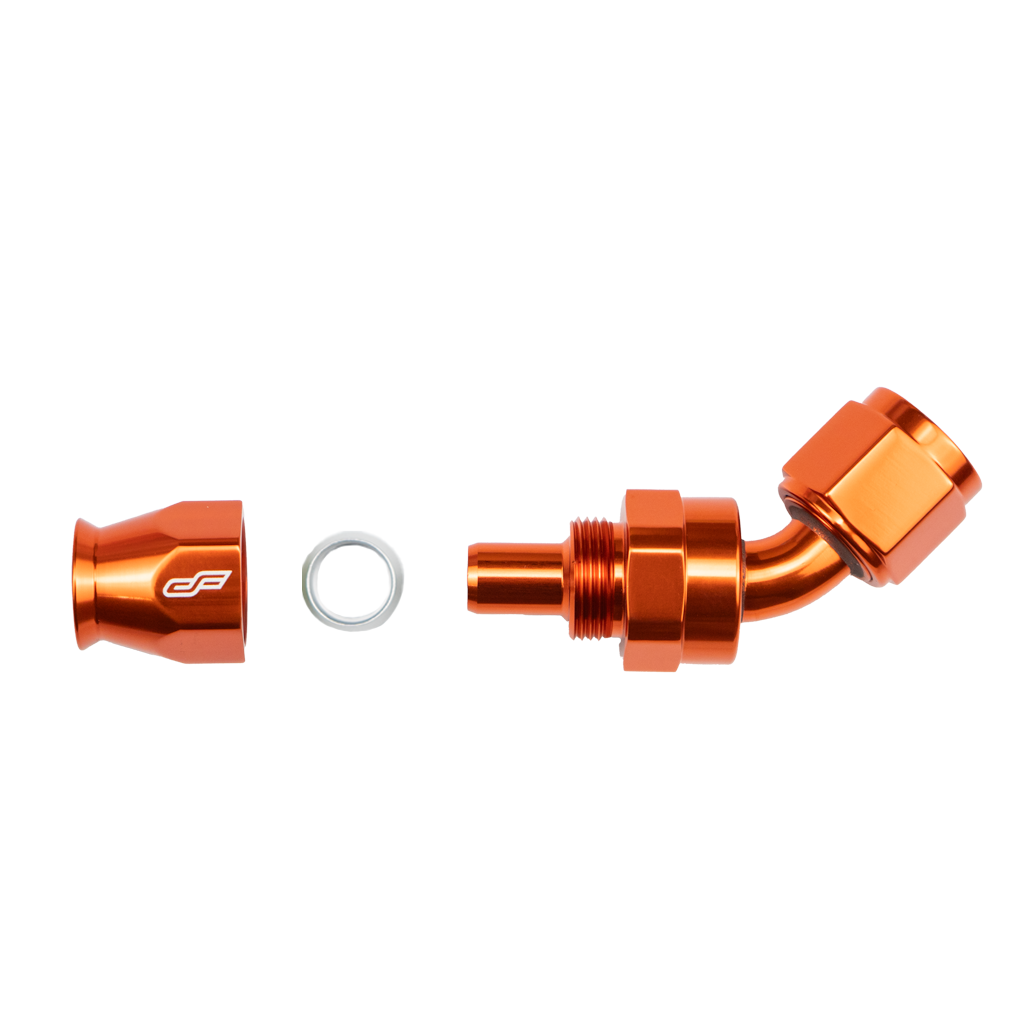 orange ptfe 45 degree swivel hose end