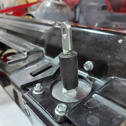 Race Club E46 hood pin mounting bracket and stud installed on front structure