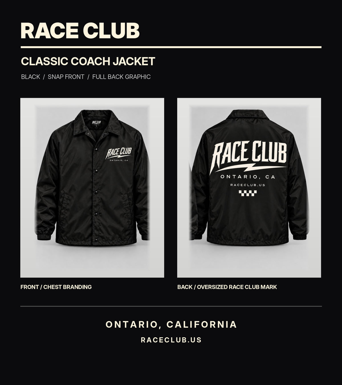 Race Club coach jacket details with full front and rear mockup