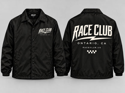 Side by side front and back product views of Race Club black coach jacket