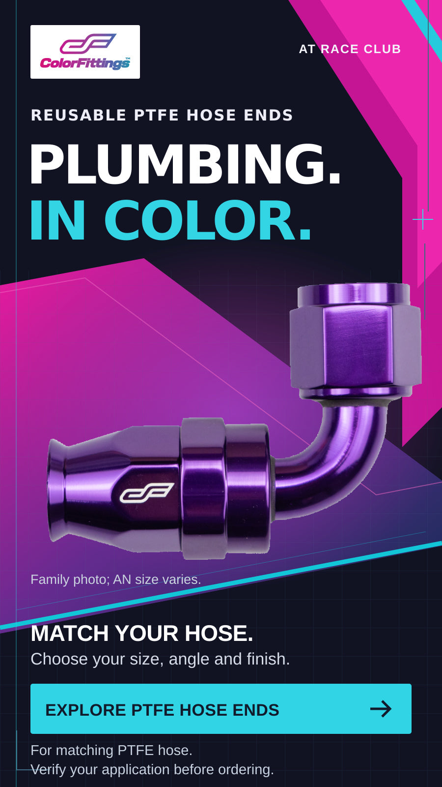 PTFE Hose Ends - Purple 90 Degree. Family photograph; choose the required size and configuration.