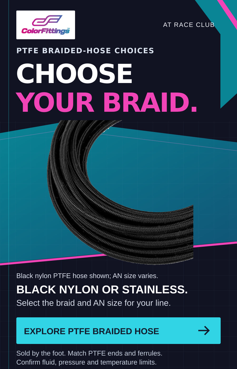 Black Nylon Braided PTFE Hose. Family photograph; choose the required size and configuration.