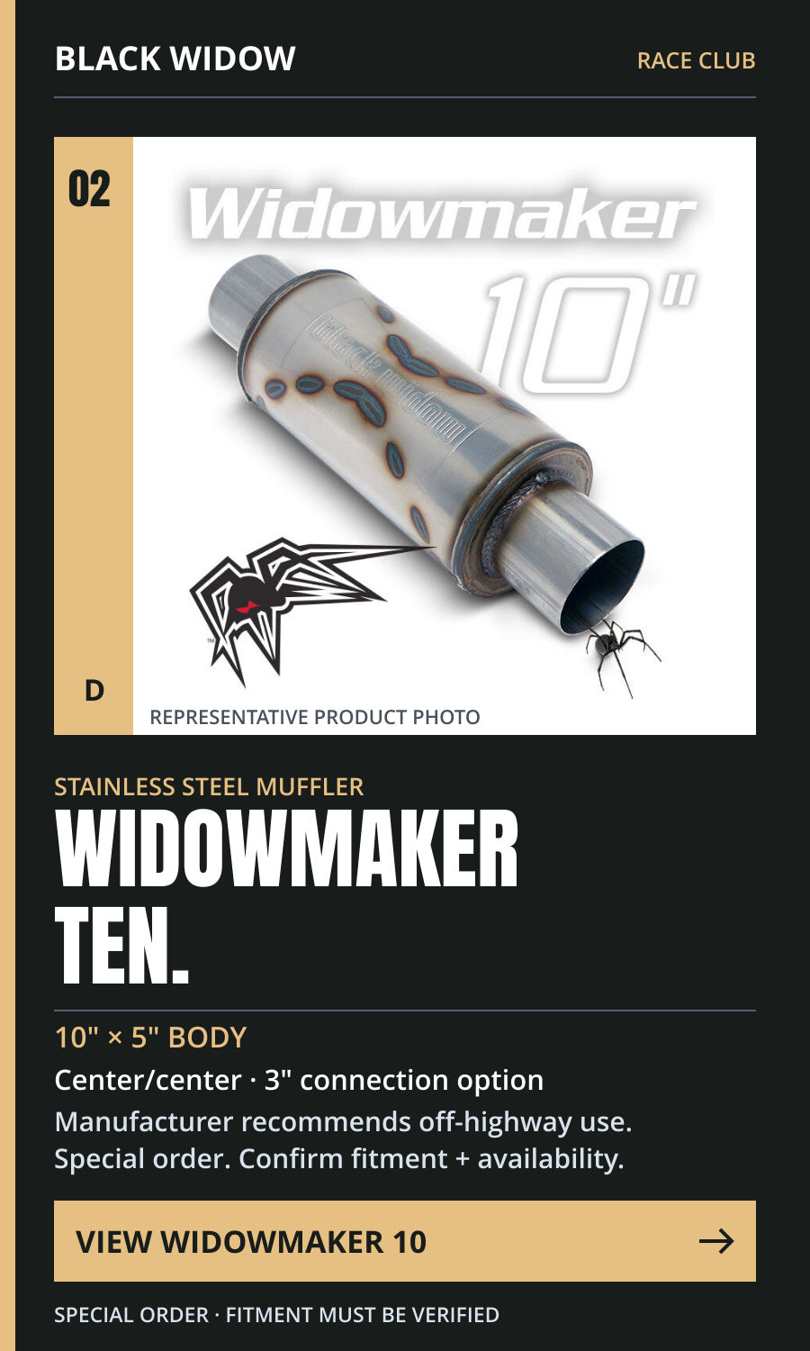 Black Widow Widowmaker 10, BW0013-3, 3 inch center/center option. Representative photo. Off-highway use recommended. Special order; verify fitment and availability.