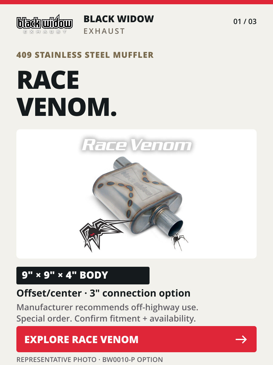 Black Widow Race Venom muffler, BW0010-P. Representative photo; off-highway use recommended. Confirm fitment and availability.