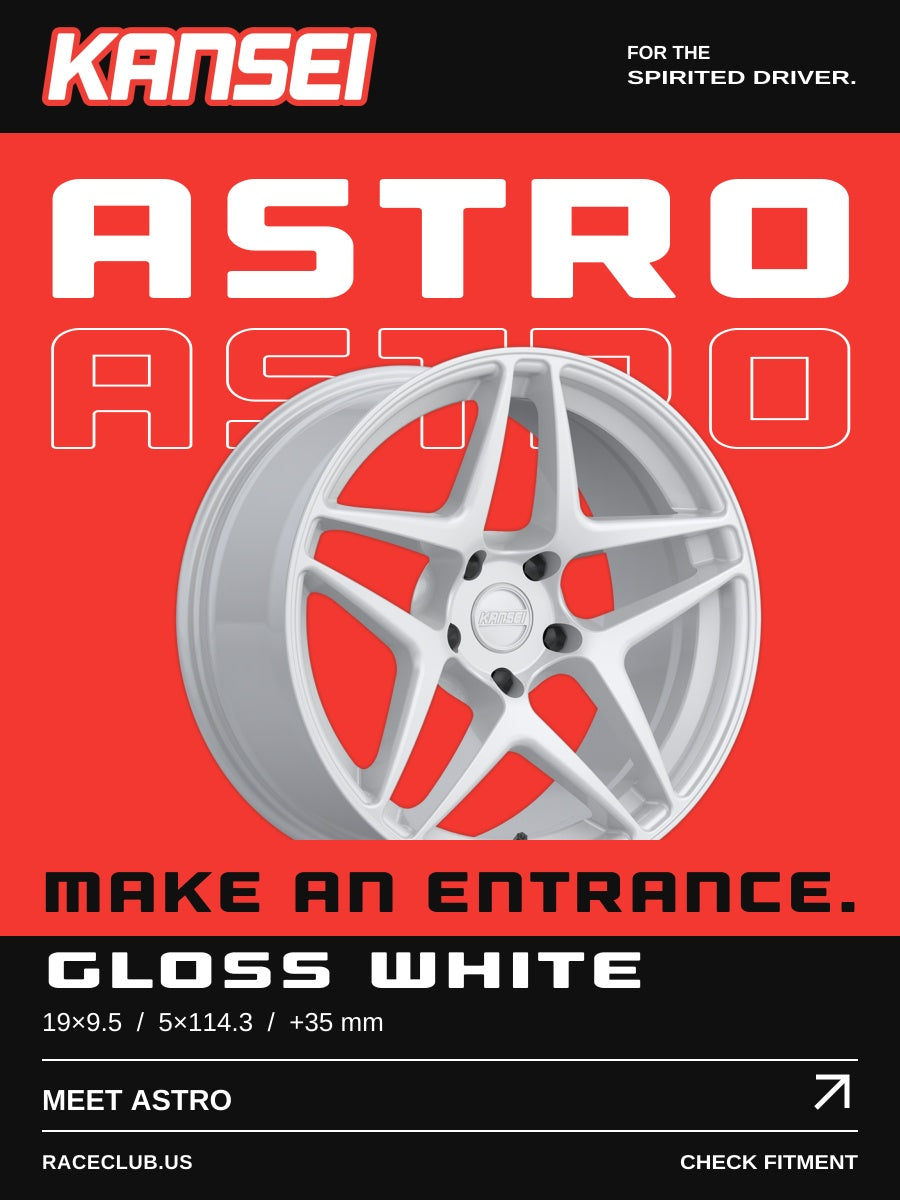 Kansei Astro, Gloss White, 19x9.5, 5x114.3, +35 mm. Manufacturer representative photo; confirm exact fitment.