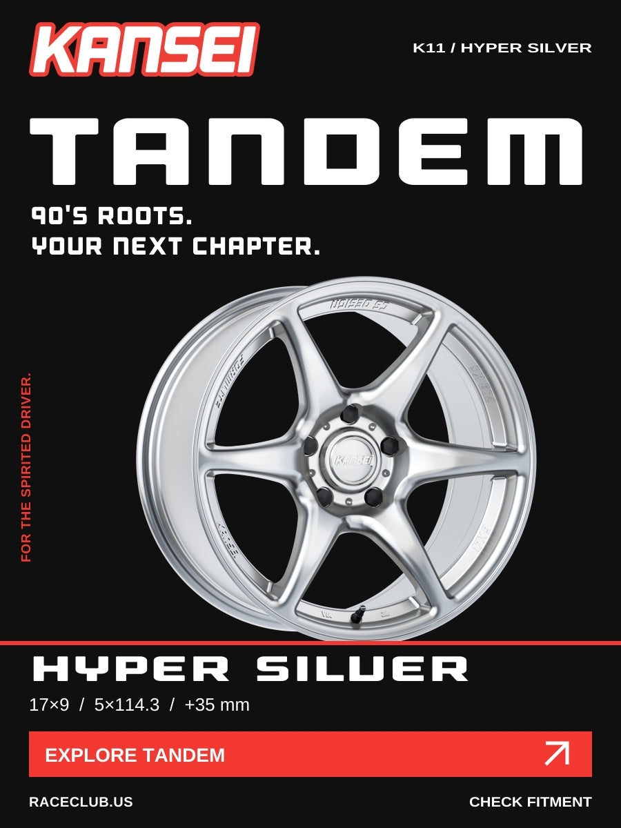 Kansei Tandem, Hyper Silver, 17x9, 5x114.3, +35 mm. Manufacturer representative photo; confirm exact fitment.